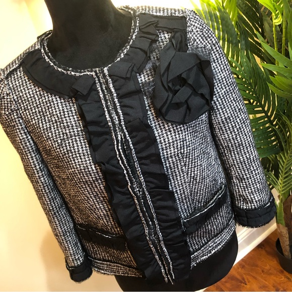 Ann Taylor Virgin Wool Blend Tweed Black White Gray Blazer Jacket w/ Floral 8 - Picture 3 of 11